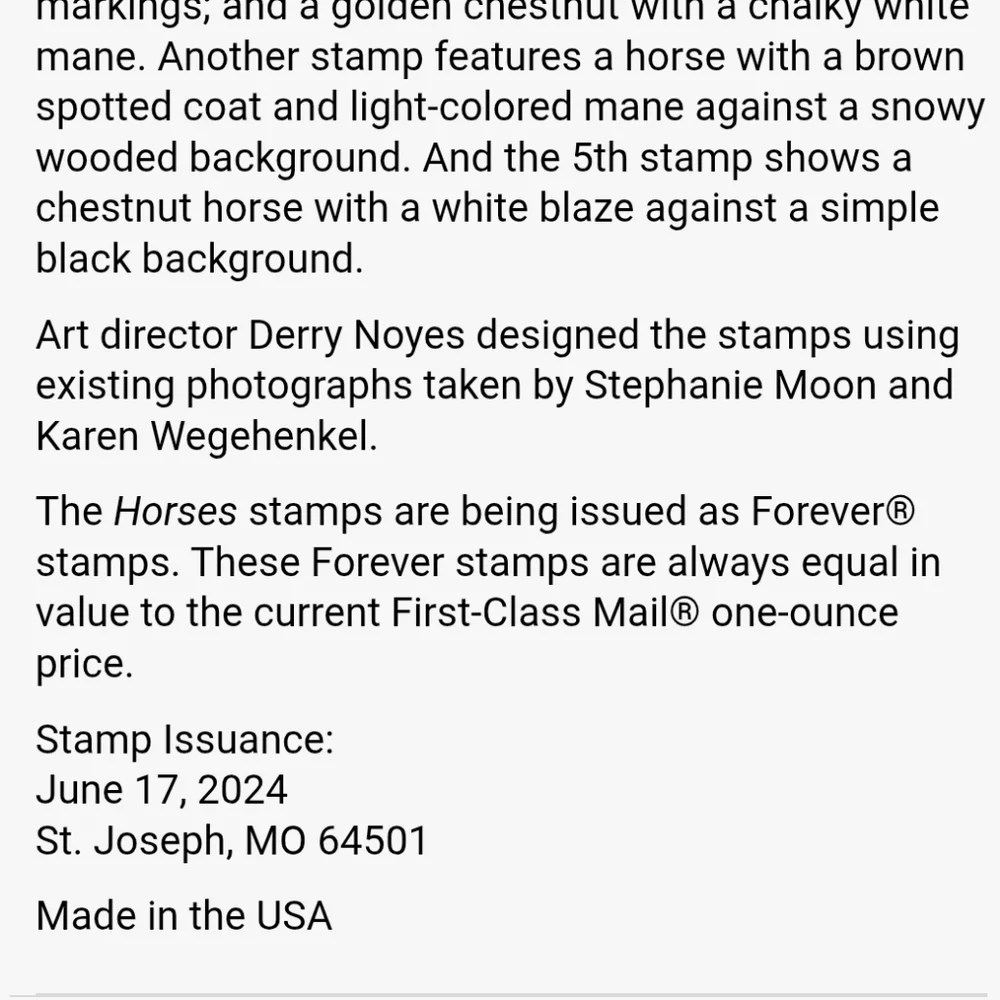 100 Horses 2024 Forever Postage Stamps US Postal USPS Equestrian‎ Riding Ponies